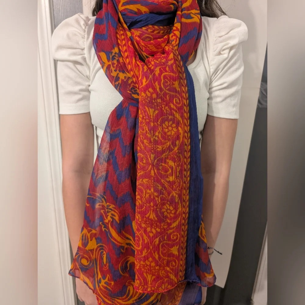 Sheer Large Royal Blue, Red and Orangy Gold Shawl, Scarf or Wrap - Picture 1 of 7